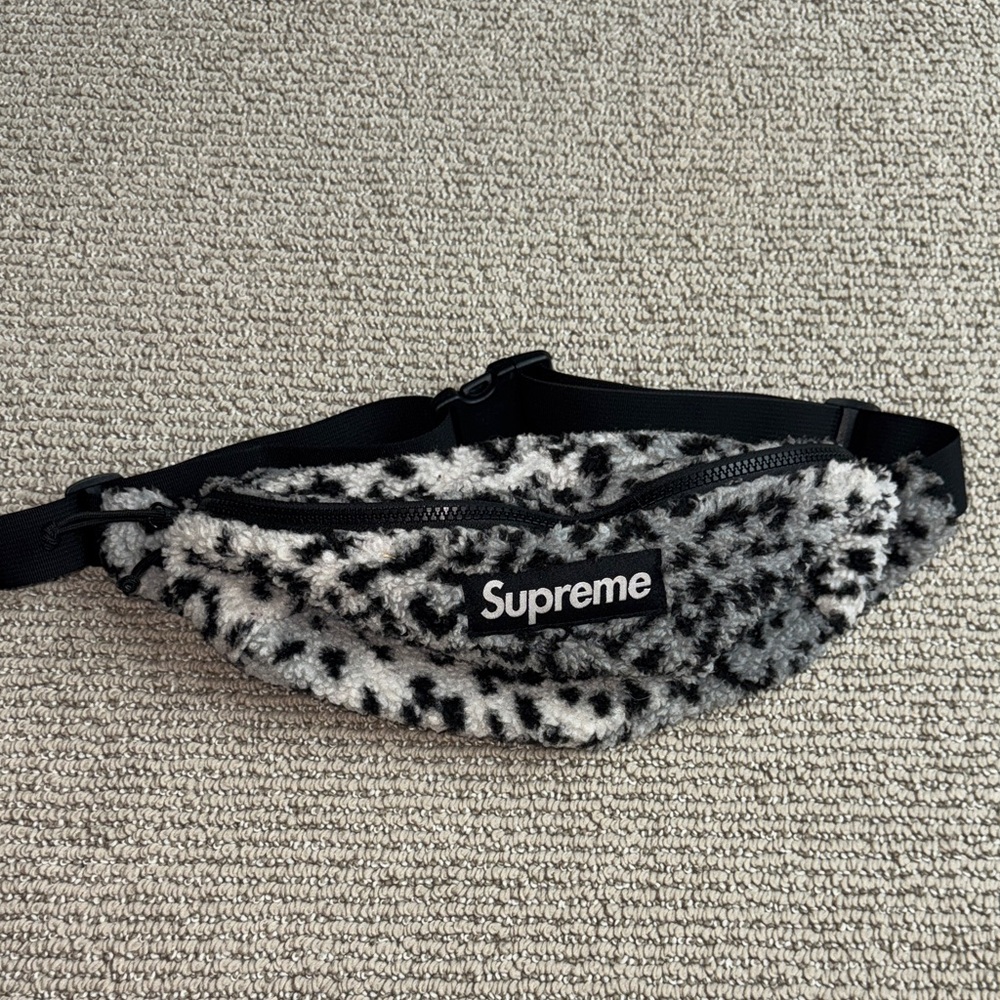 Supreme Black and Gray Leopard Patterned Fleece Waist Bag Fanny Pack